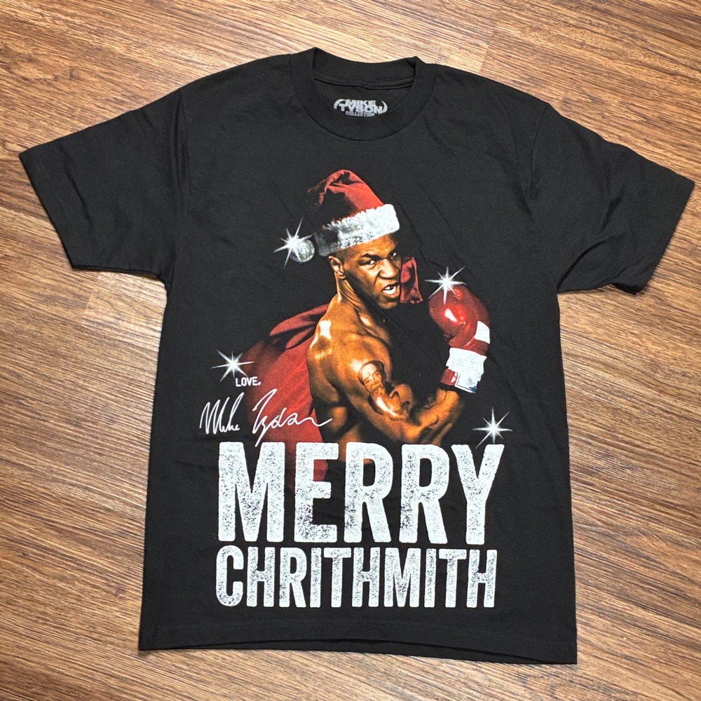 Mike Tyson Merry Chrithmith Christmas Graphic T-Shirt Men's S Black Boxing
